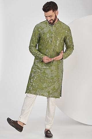 mehendi green silk thread embroidered kurta