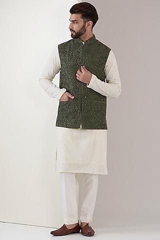 mehendi green silk thread embroidered nehru jacket