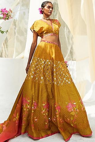 mehendi green tussar silk embellished lehenga set