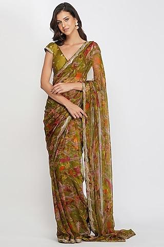 mehendi green viscose chiffon & chanderi leaf printed & sequins embroidered saree set