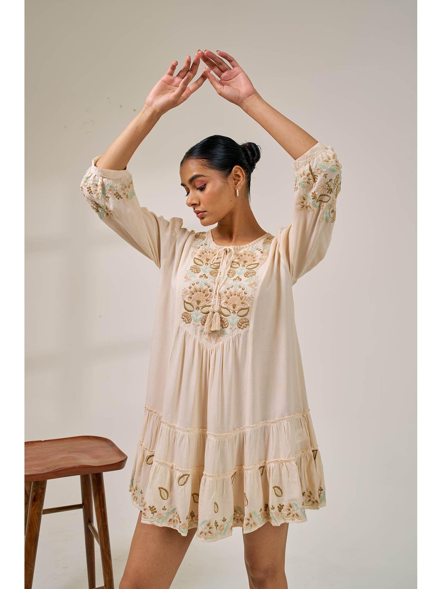 meher beige bloom embroidered dress