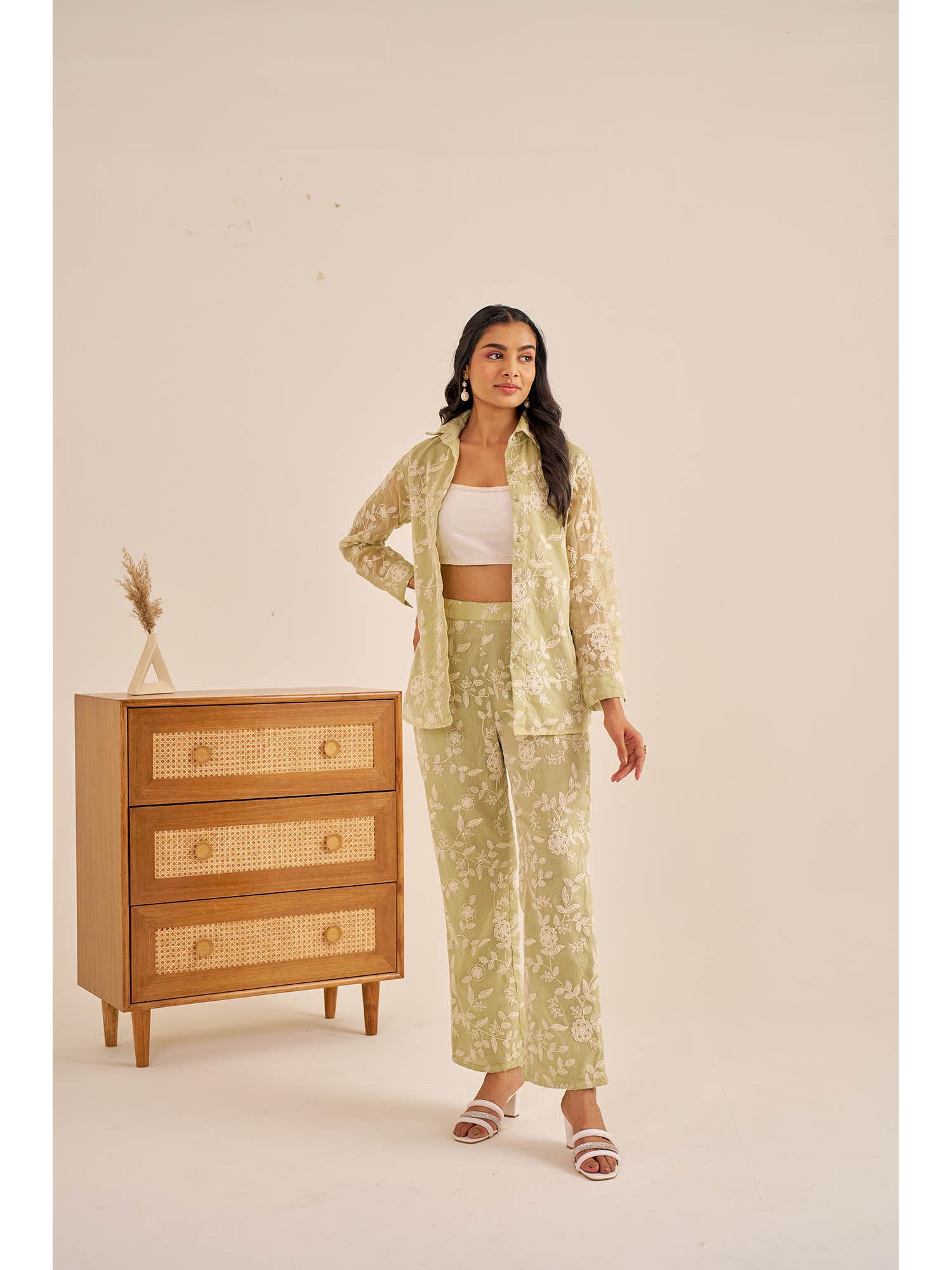 meher green embroidered shirt co-ord with tube top (set of 3)