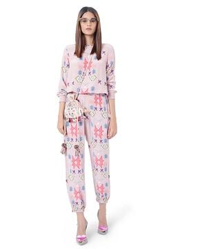 meher pink printed crepe top with jogger pants