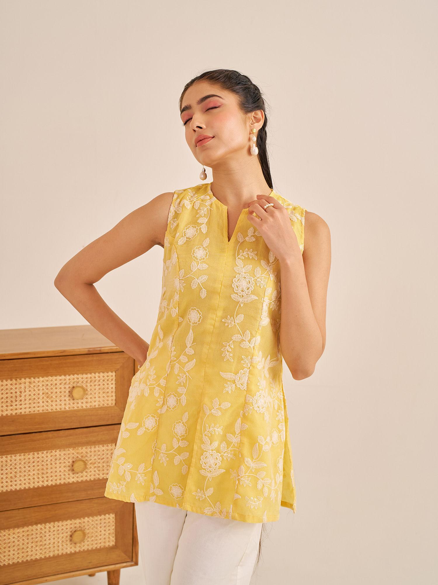 meher sunny yellow embroidered kurti