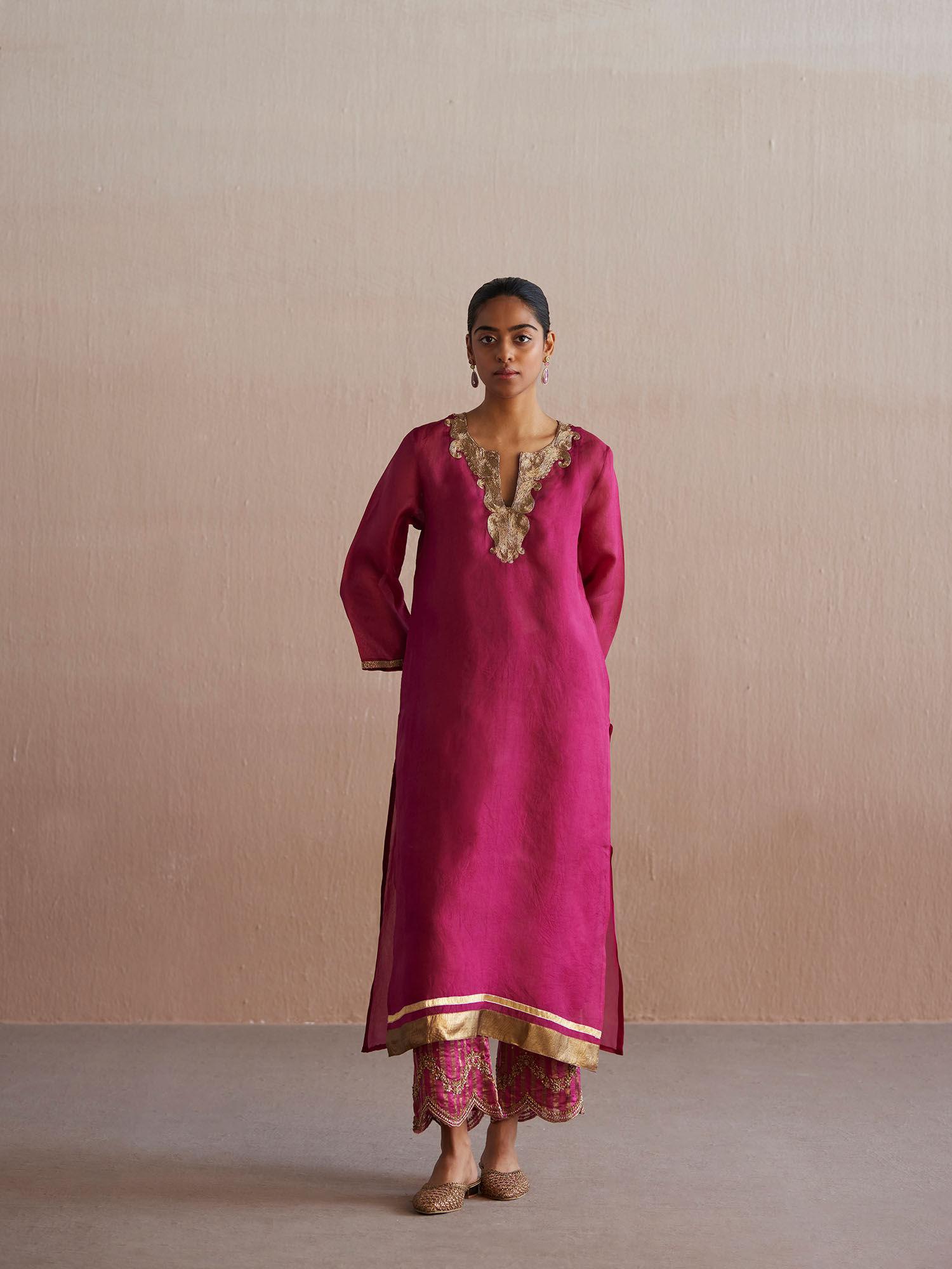 meheroo rani pink organza kurta with cotton chanderi pant (set of 2)