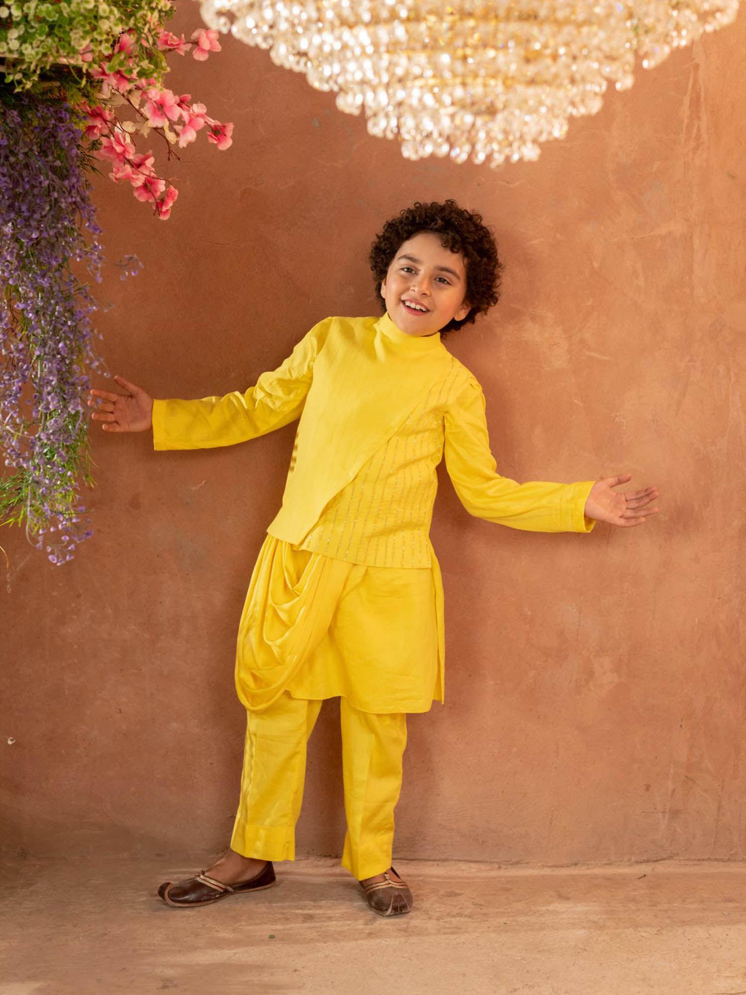 meherzad embroidered organic cotton dobby yellow nehru jacket