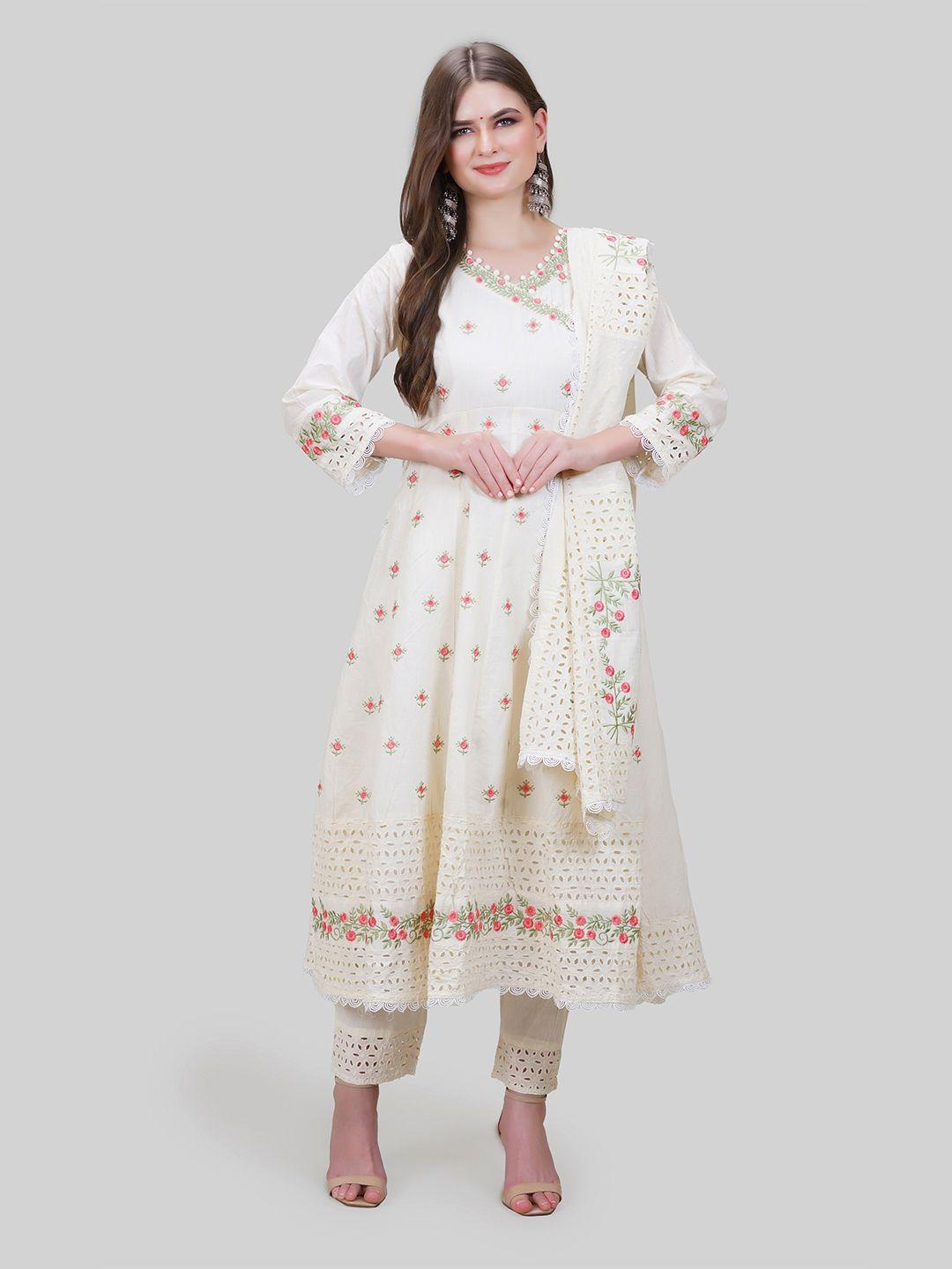 mehnam floral embroidered cambric cotton shiffli angrakha kurta with trousers & dupatta