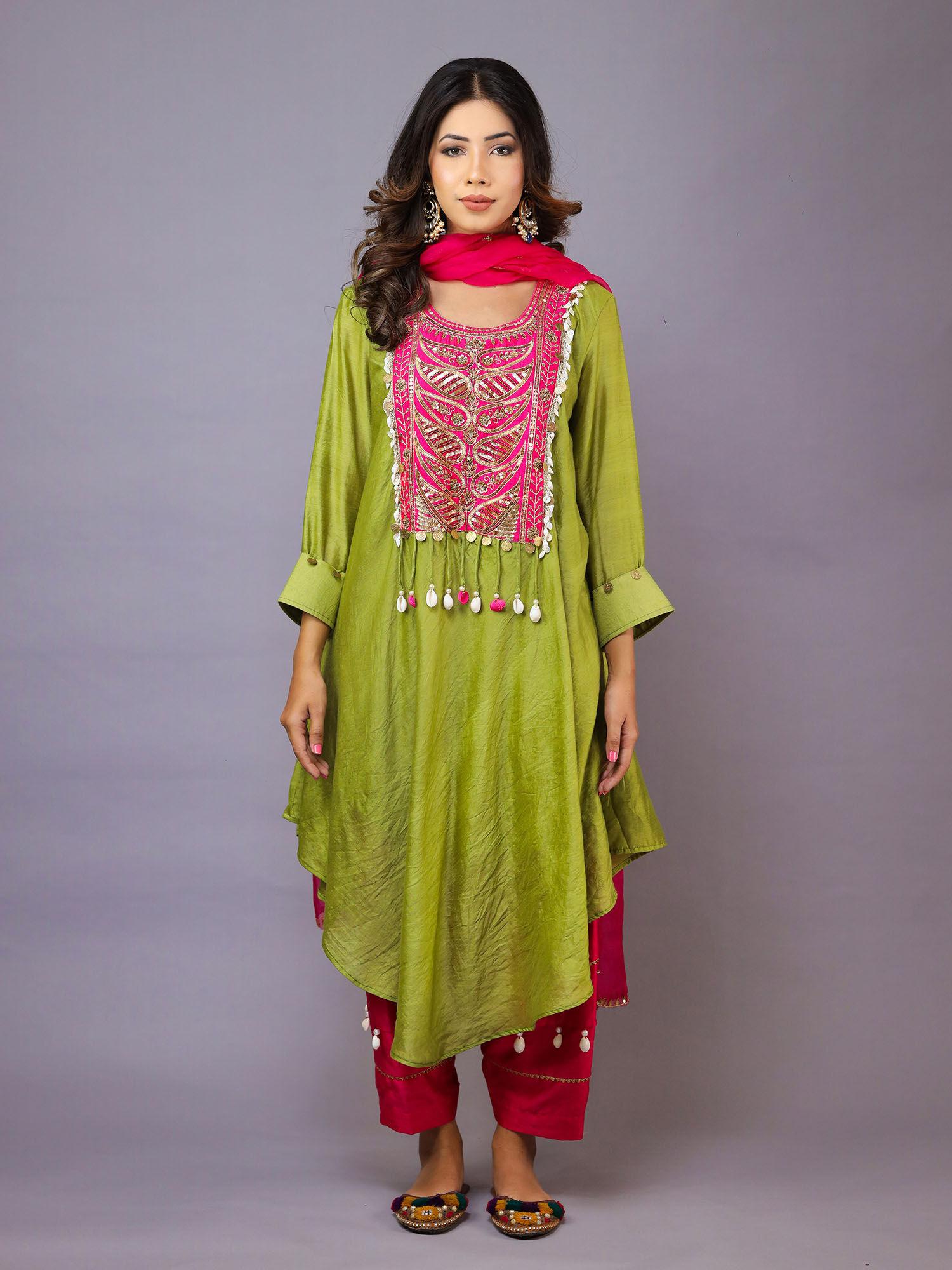 mehndi green and pink kurta with pant and dupatta (set of 3)