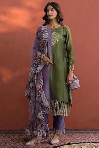 mehndi green hand embroidered kurta set