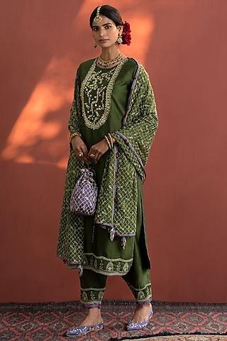 mehndi green sequins hand embroidered kurta set