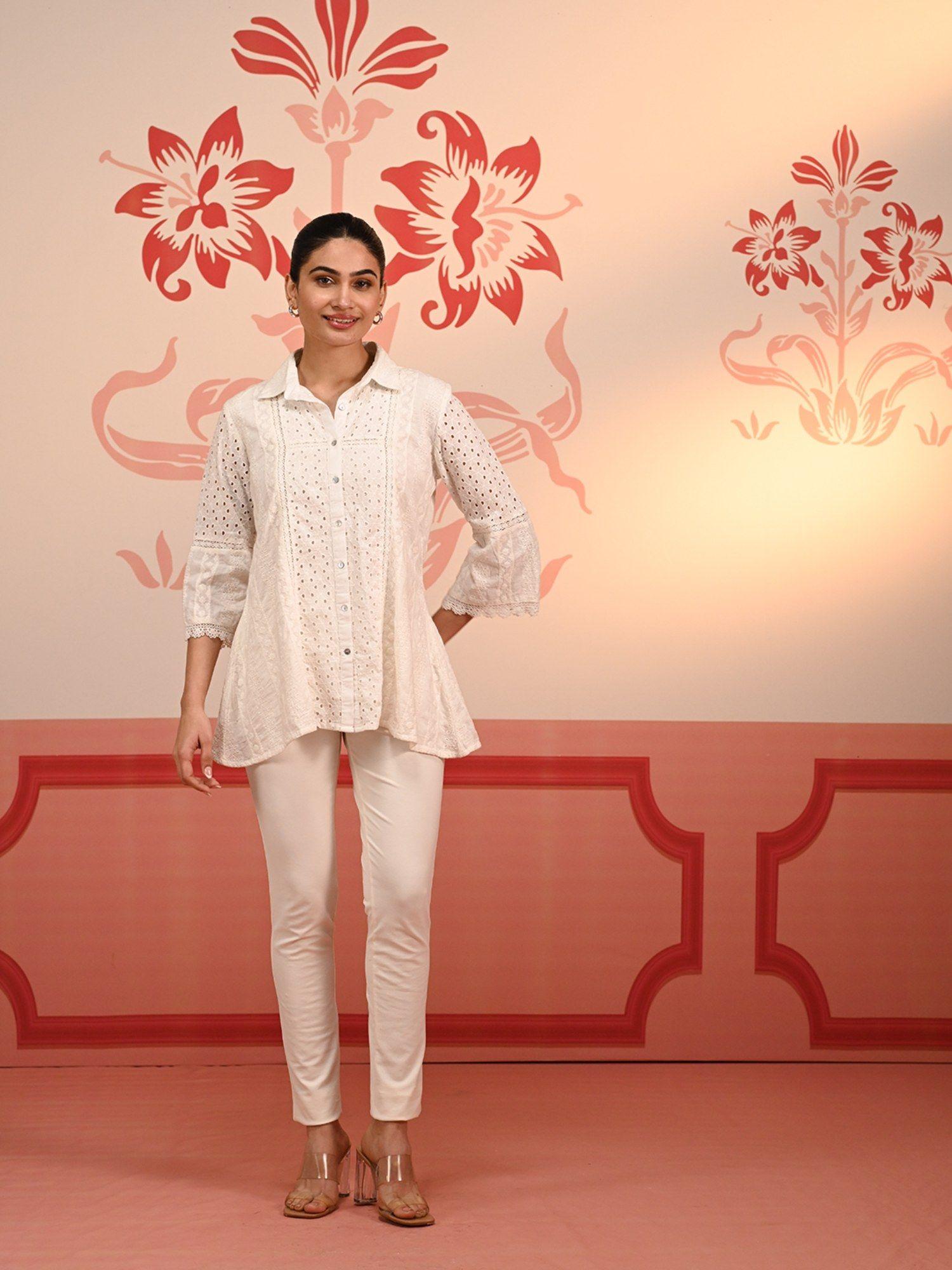 mehreen ivory embroidered schiffli shirt for women