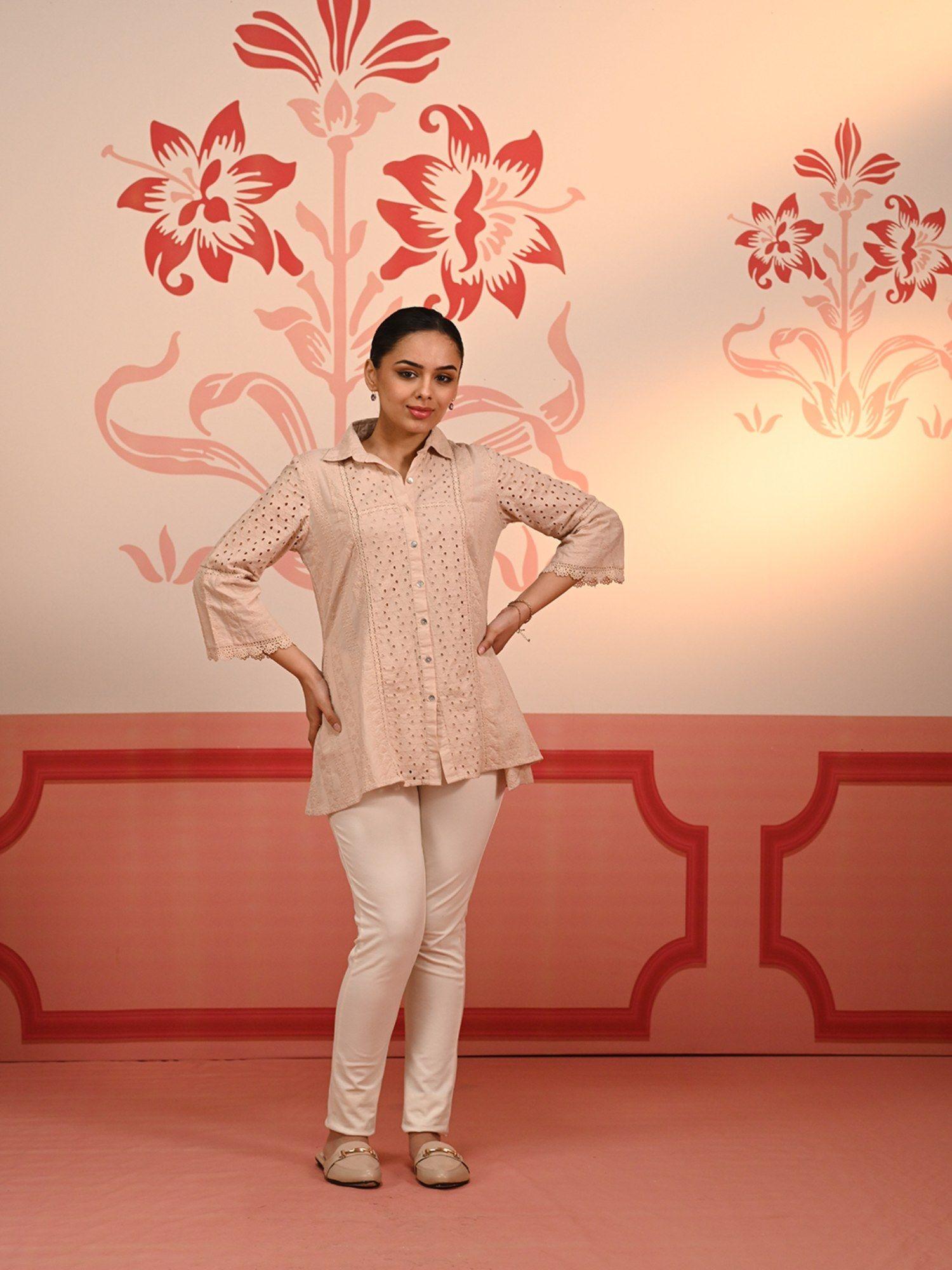 mehreen peach embroidered schiffli shirt for women