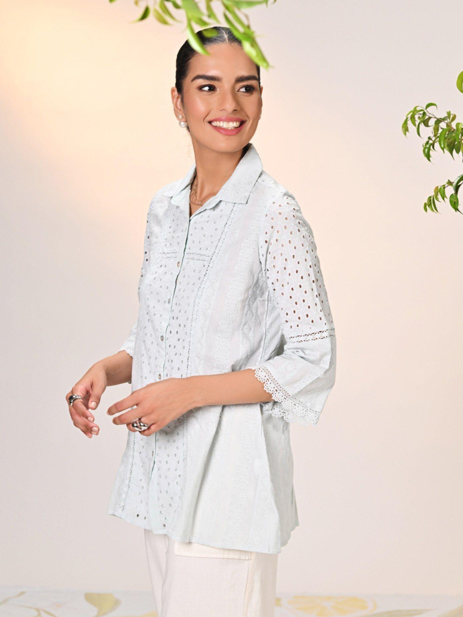 mehreen sky blue embroidered schiffli shirt for women