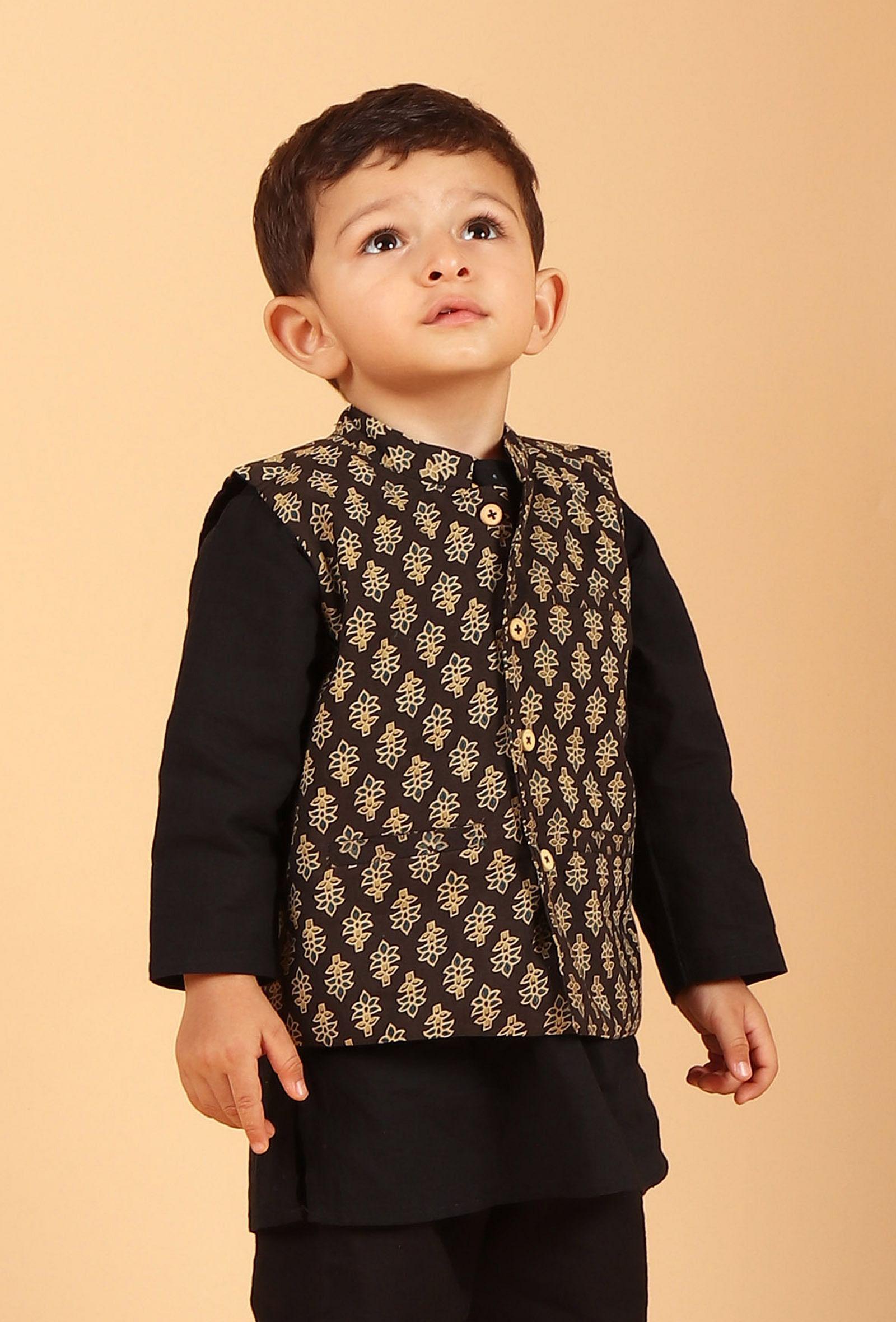 mehul black ajrakh print cotton nehru jacket