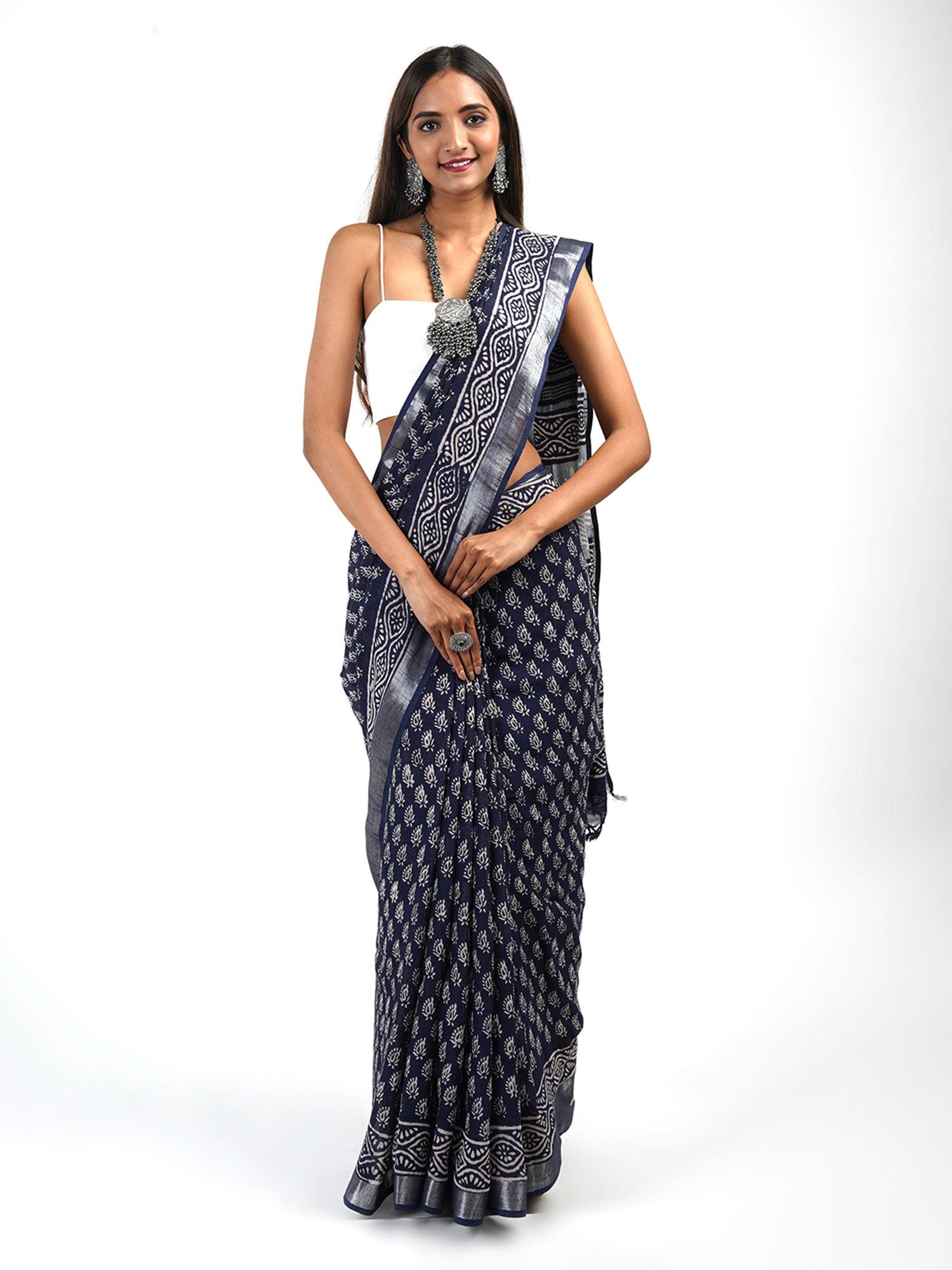 meira indigo block print linen saree with unstitched blouse