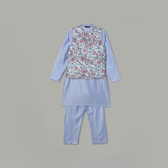 melange boys printed kurta with pyjamas and waistcoat