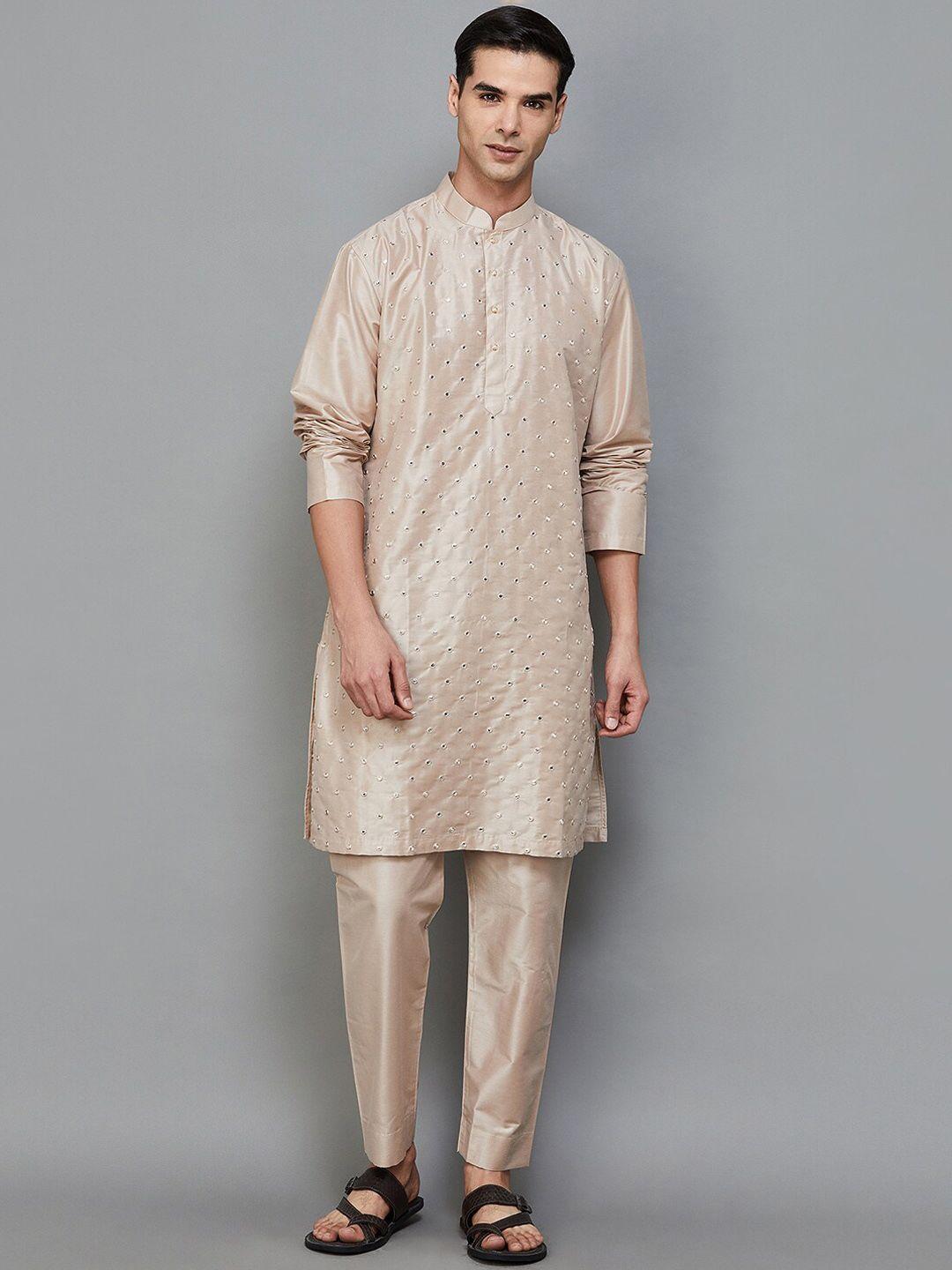 melange by lifestyle ethnic embroidered mandarin collar mirror work kurta with pyjamas