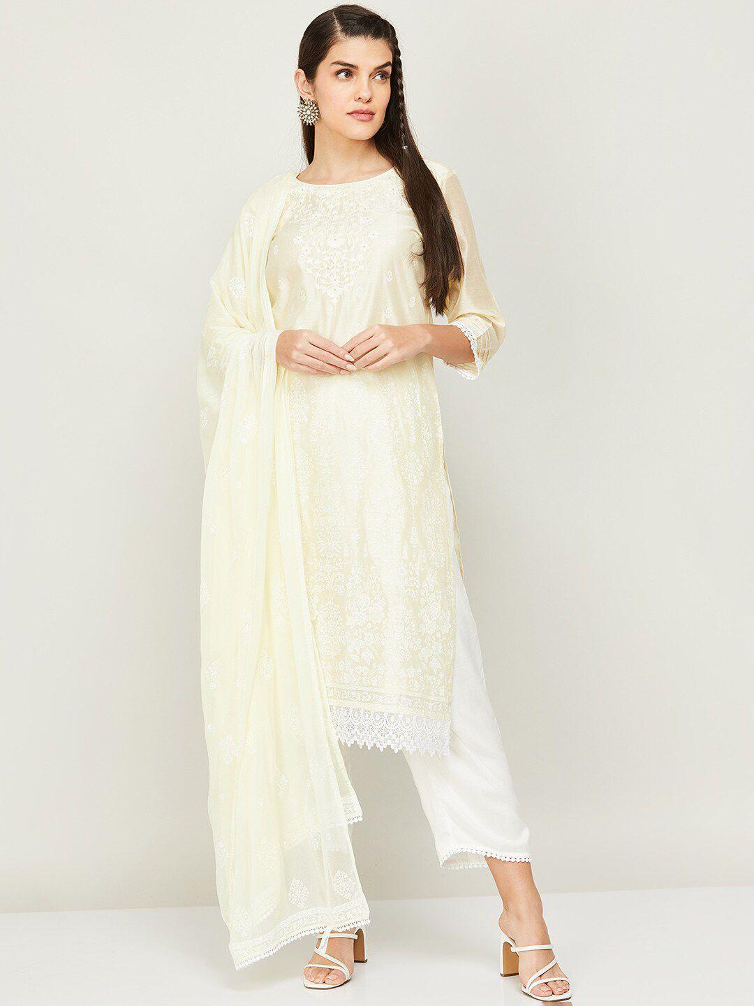 melange by lifestyle ethnic embroidered straight kurta with trousers & dupatta