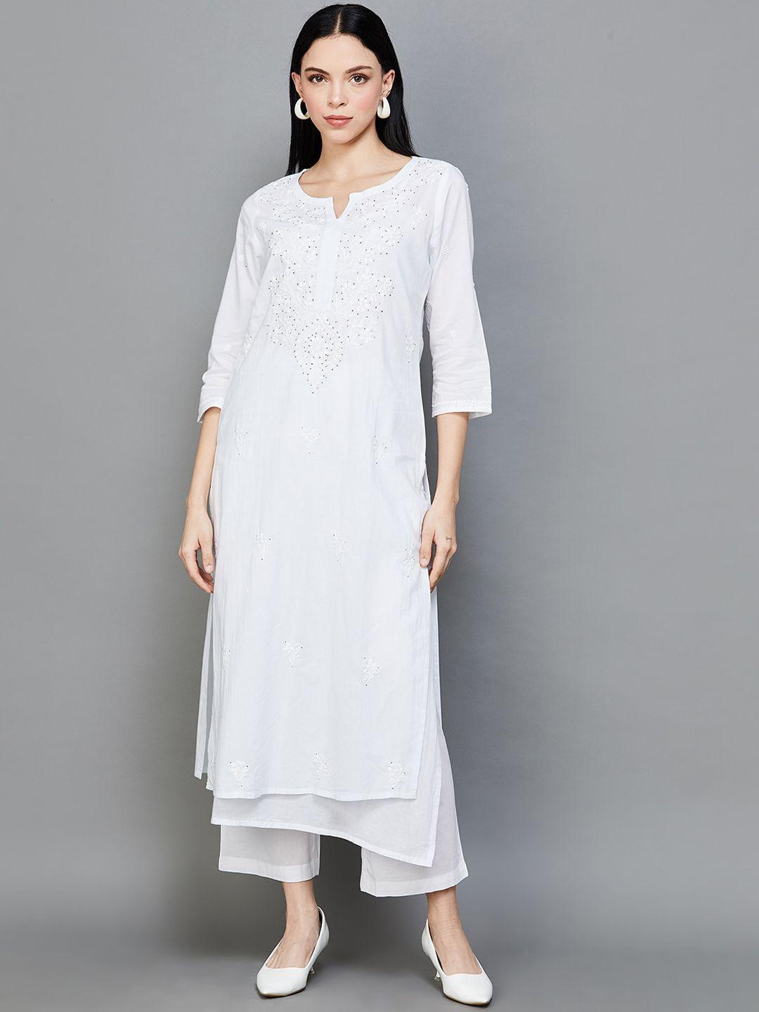 melange by lifestyle ethnic motifs embroidered cotton straight kurta with trousers