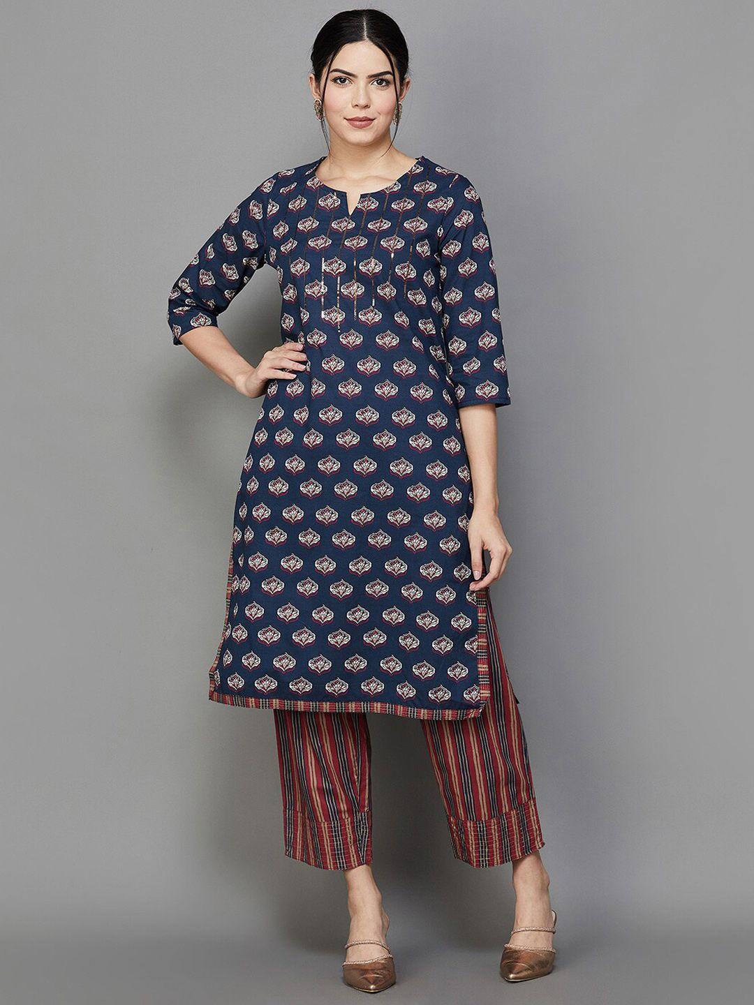 melange by lifestyle ethnic motifs printed notched pure cotton kurta with trouser