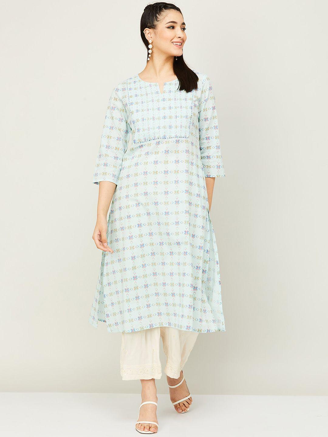 melange by lifestyle ethnic motifs printed pleated cotton kurta
