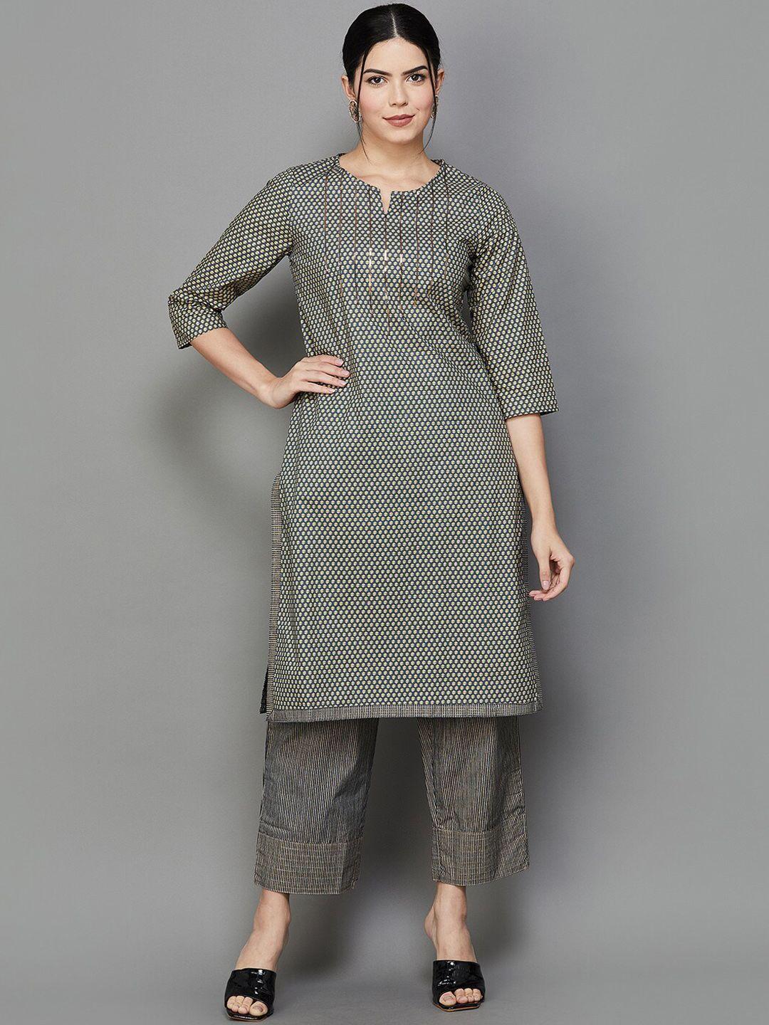 melange by lifestyle ethnic motifs printed sequinned straight cotton kurta with trousers