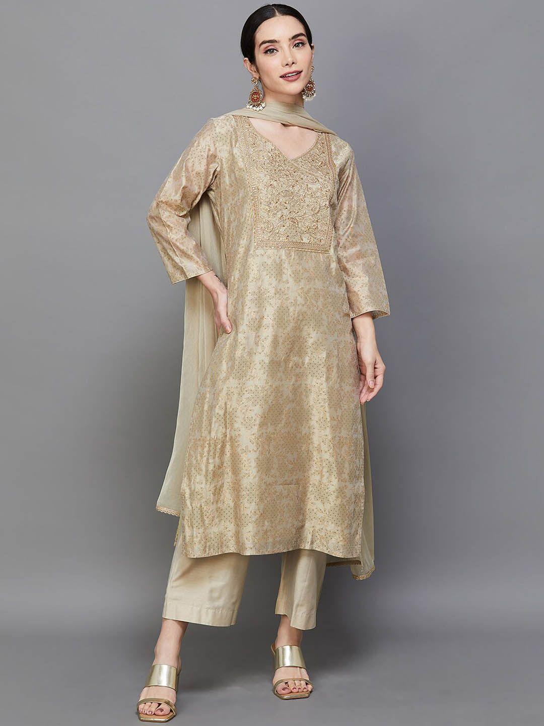 melange by lifestyle ethnic motifs printed thread work kurta with trousers & with dupatta