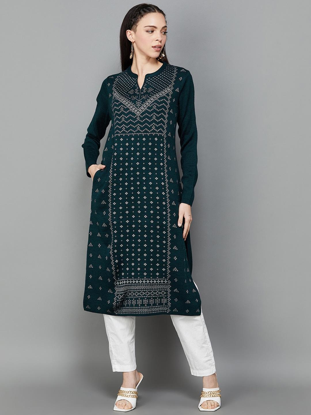 melange by lifestyle ethnic motifs woven design mandarin collar long sleeves acrylic kurta