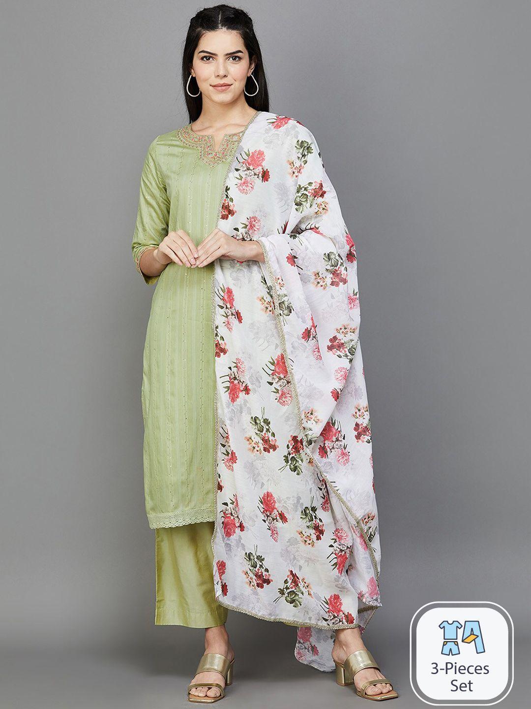 melange by lifestyle floral embroidered chanderi cotton kurta with palazzos & dupatta