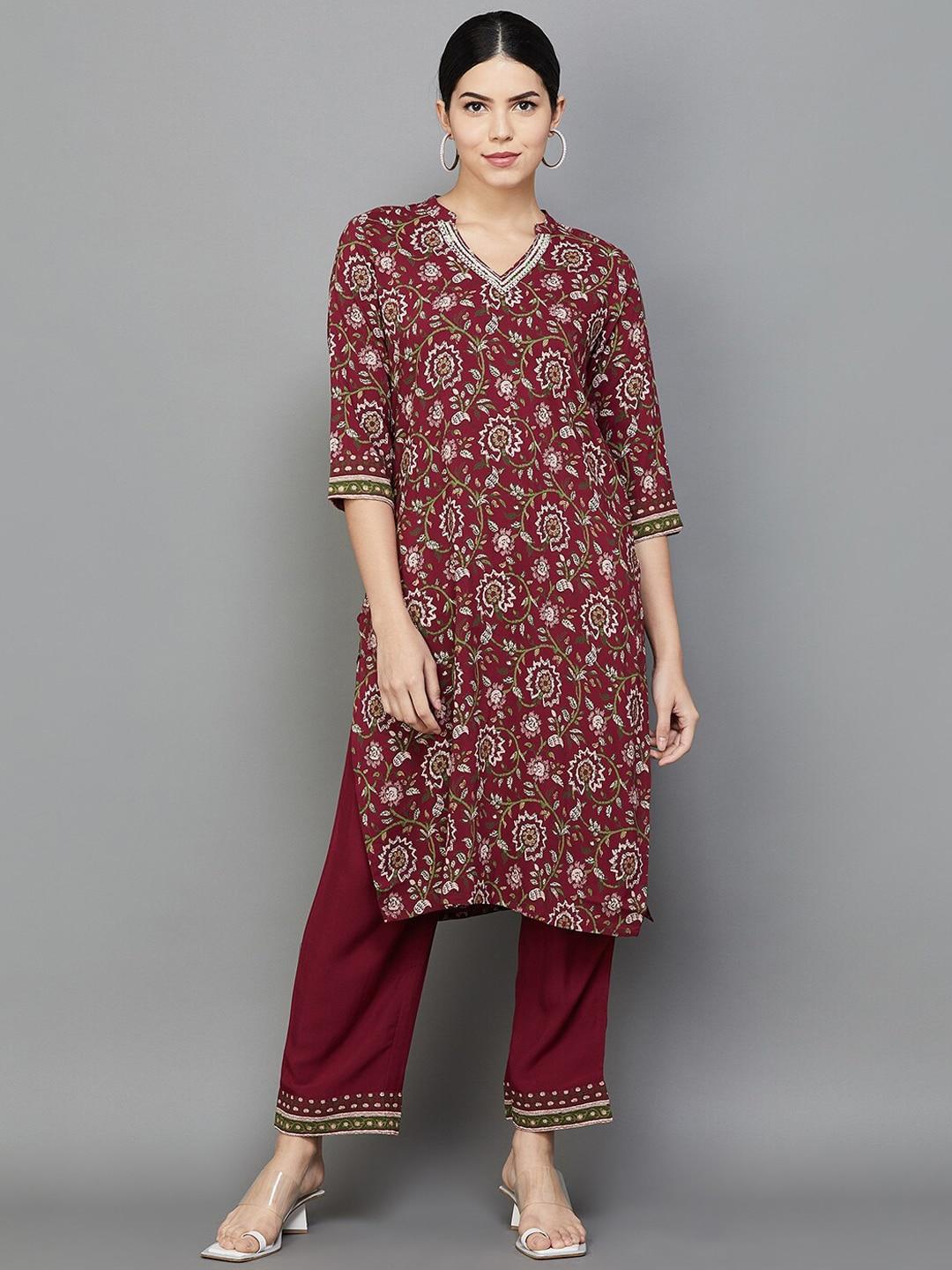 melange by lifestyle floral printed thread work kurta with trousers