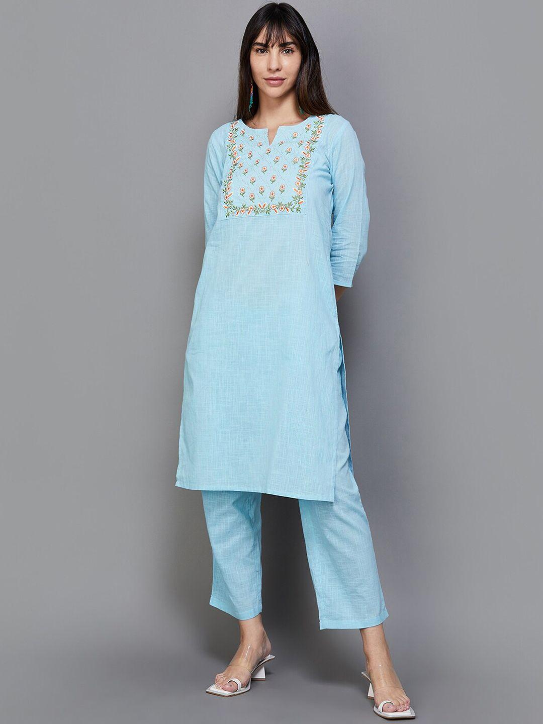 melange by lifestyle floral yoke design thread work pure cotton kurta with trousers