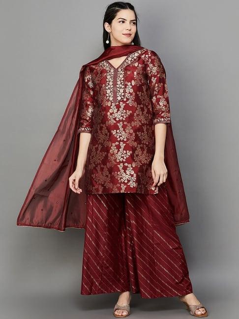 melange by lifestyle maroon woven pattern kurti palazzo set with dupatta