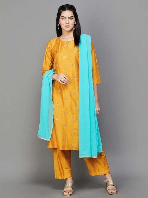 melange by lifestyle mustard embellished kurta pant set with dupatta