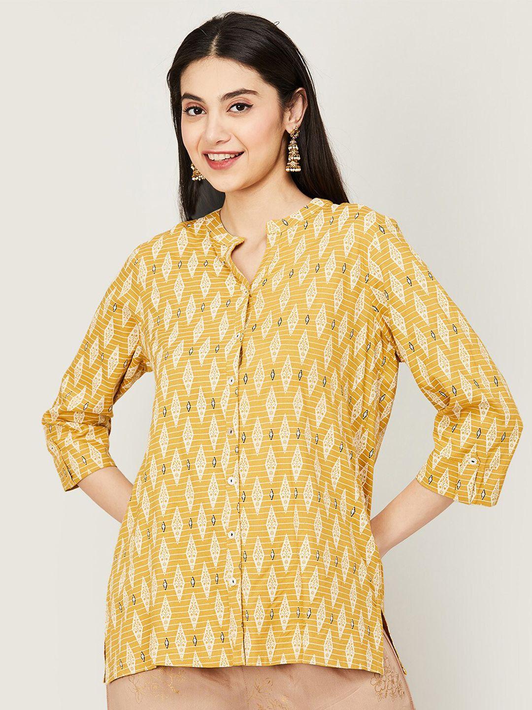 melange by lifestyle mustard yellow & white print mandarin collar shirt style longline top