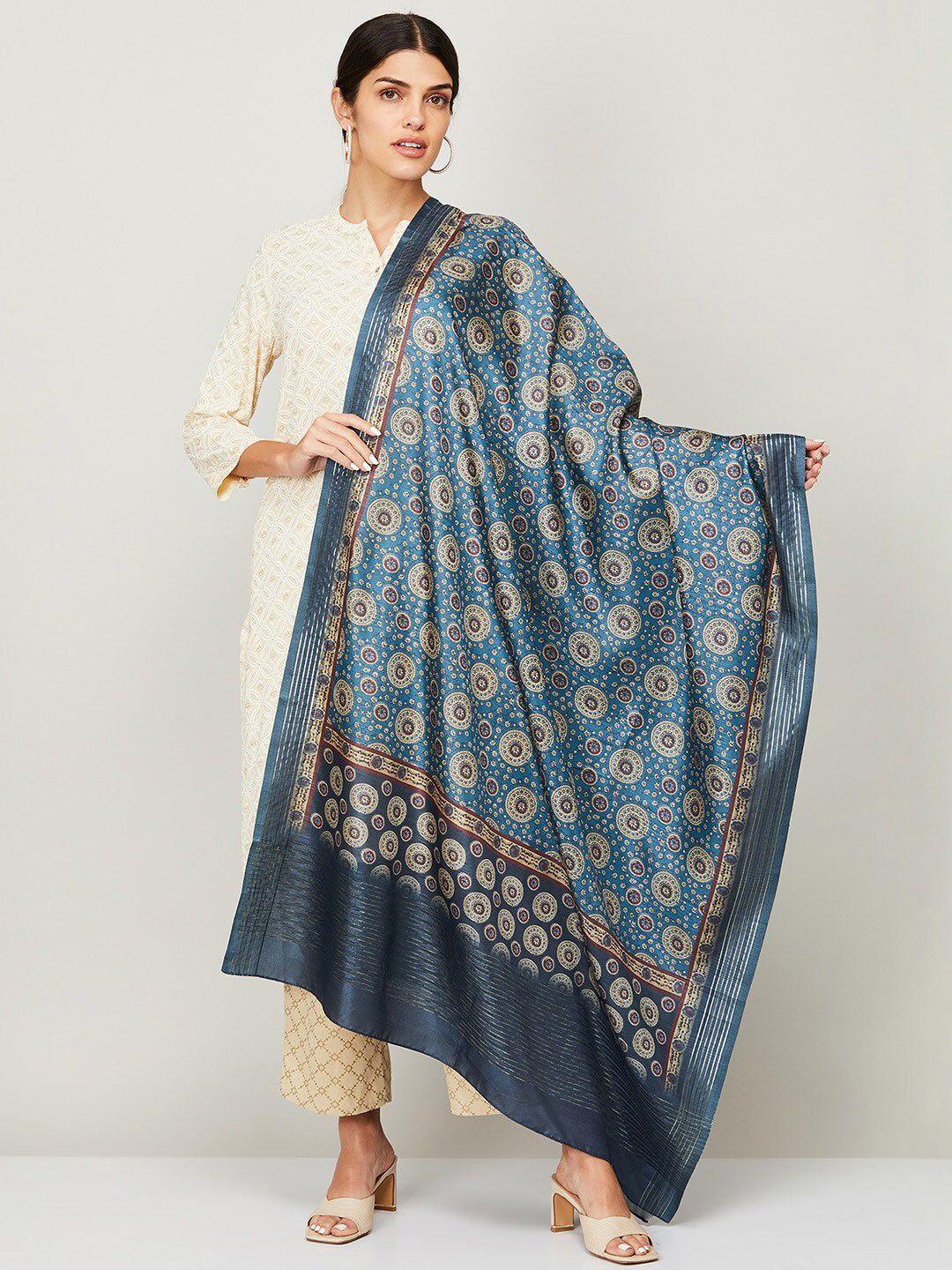 melange by lifestyle navy blue & red ethnic motifs printed dupatta with zari