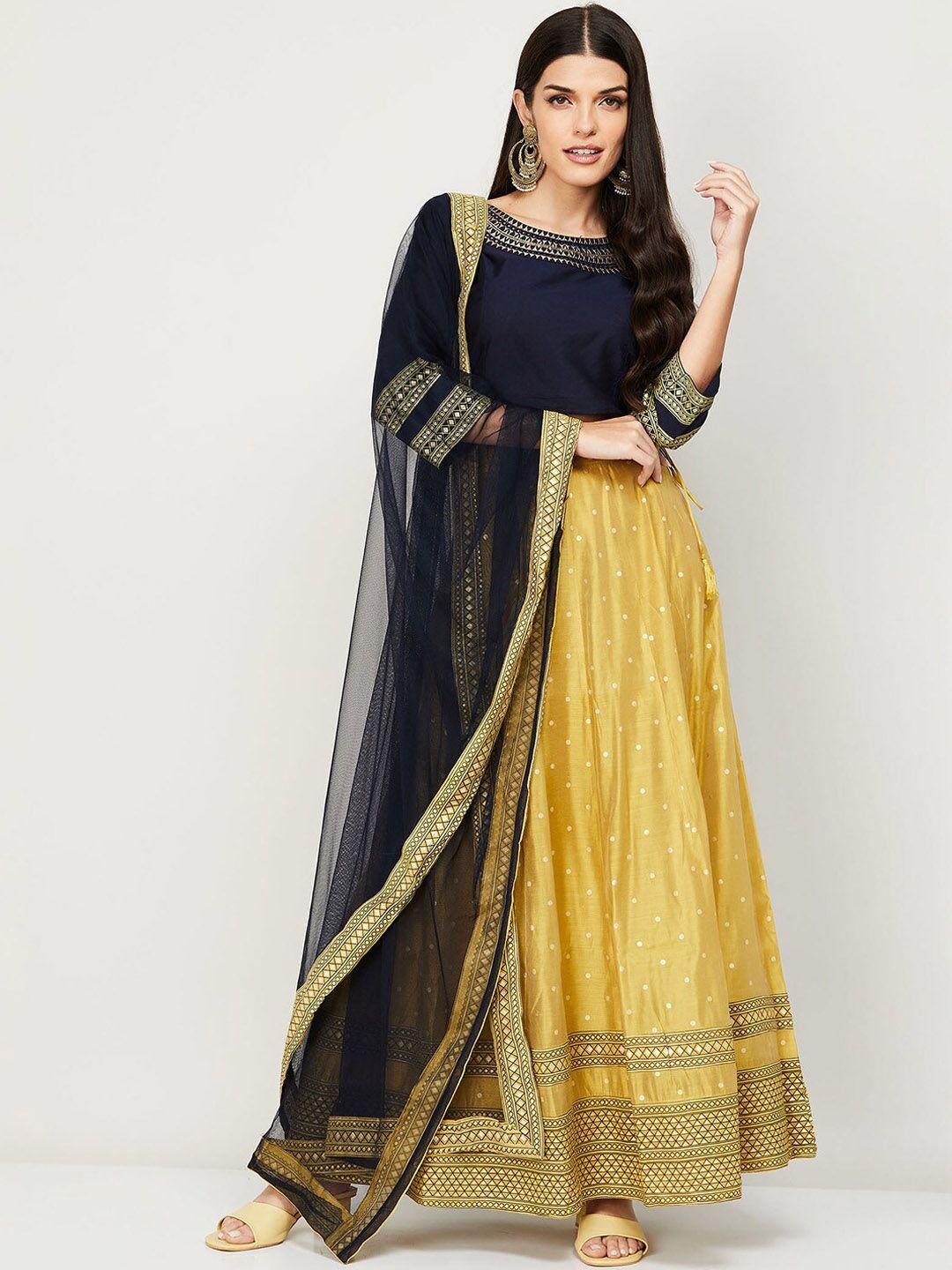 melange by lifestyle navy blue & yellow embroidered ready to wear lehenga choli