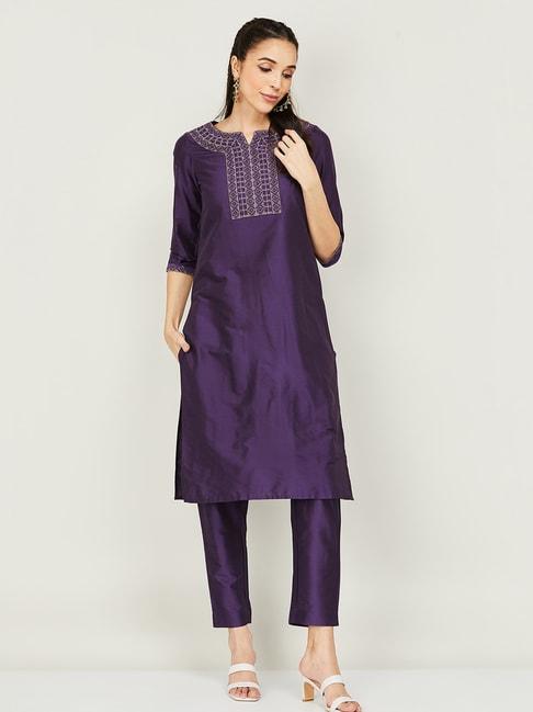 melange by lifestyle purple embroidered kurta pant set