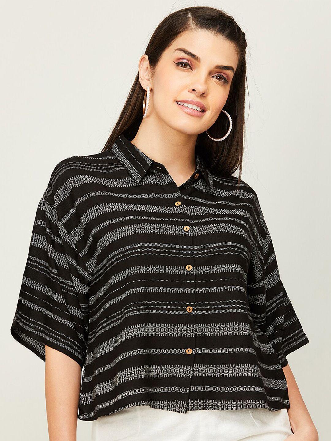 melange by lifestyle striped shirt collar drop-shoulder sleeves top