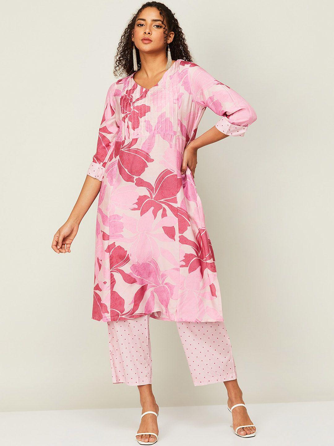 melange by lifestyle v-neck floral printed straight kurta with trousers
