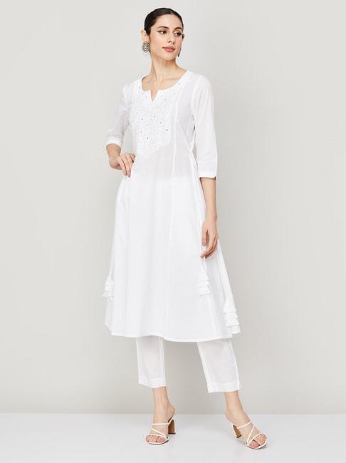 melange by lifestyle white cotton kurta with pants
