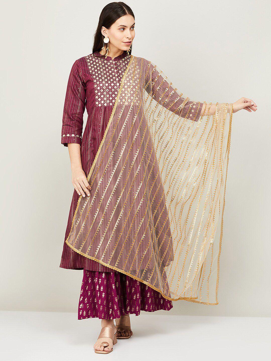 melange by lifestyle women beige & gold-toned embroidered linen dupatta with thread work
