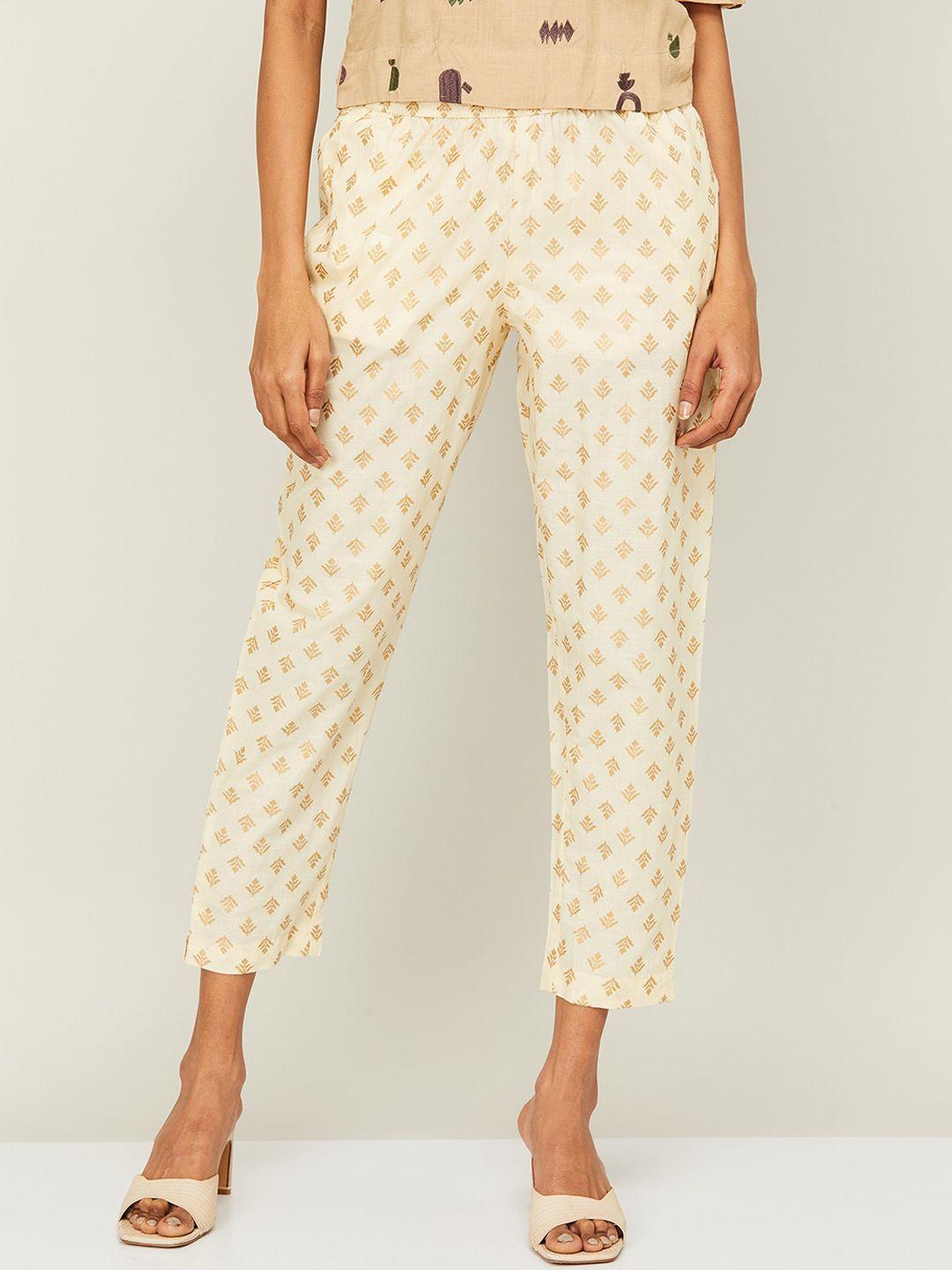 melange by lifestyle women floral printed pure cotton cigarette trousers