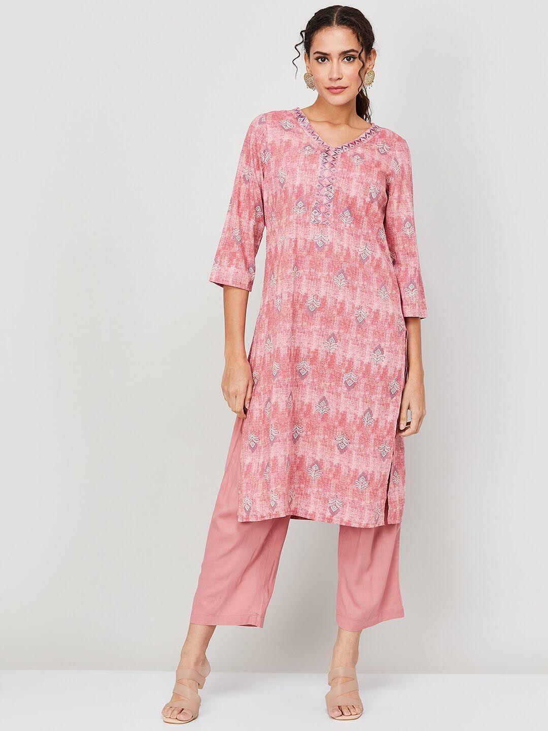 melange by lifestyle women pink ethnic motifs printed regular kurta with trousers