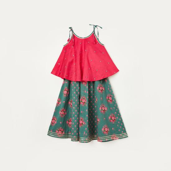 melange girls embellished top with printed skirt