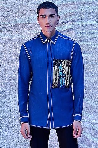 melange blue cotton embroidered shirt