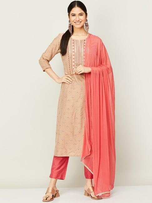 melange by lifestyle beige & coral embroidered kurta pant set with dupatta