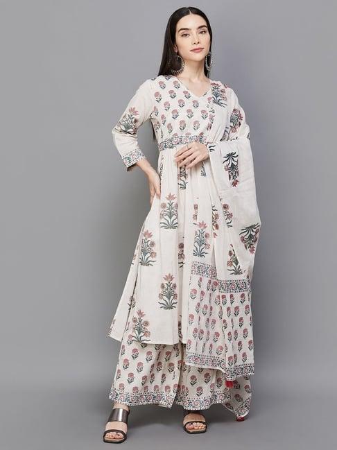 melange by lifestyle beige & pink cotton printed kurta palazzo set