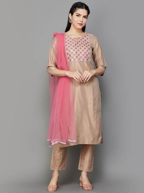 melange by lifestyle beige & pink embroidered kurta pant set with dupatta