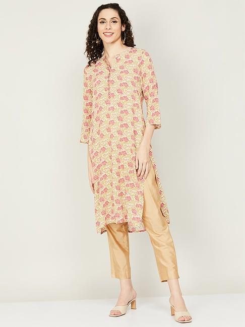 melange by lifestyle beige & pink floral print straight kurta