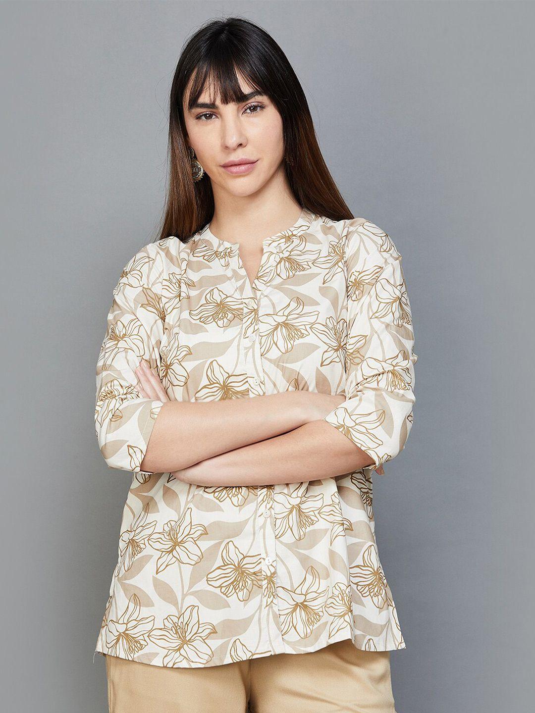 melange by lifestyle beige & white floral printed pure cotton kurti
